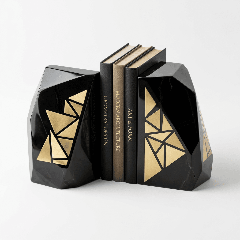 Obsidian & Gold Geometric Bookends